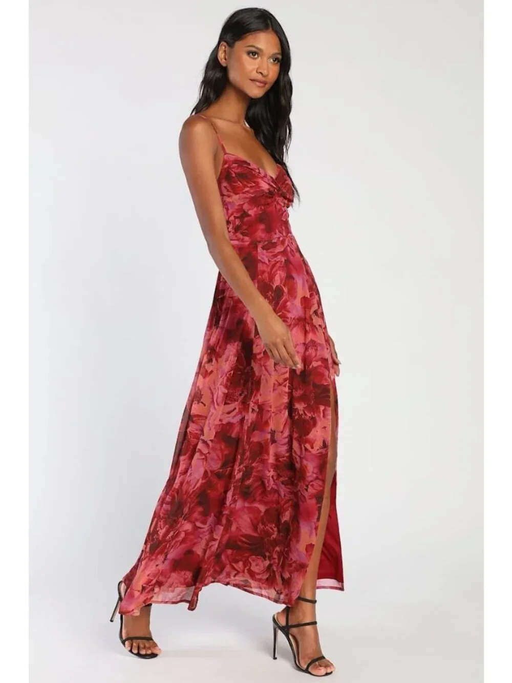 Lulus Beautiful Soul Maxi Dress XL Burgundy Red Floral Twist Front Romantic Gown - Picture 4 of 5